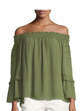 Max Studio Cypress Green Peasant Blouse with Ruffle Trim